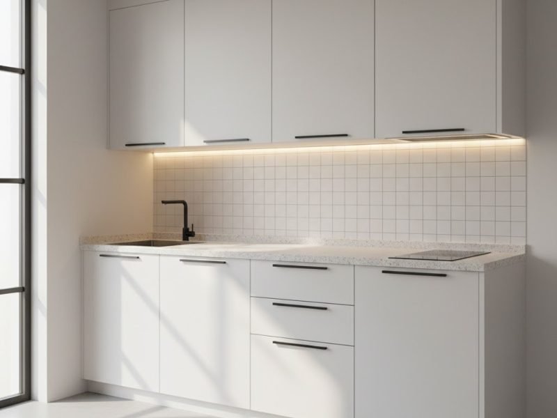 Tampilan dapur kecil dengan kitchen set aluminium minimalis yang rapi dan terang sehingga ruang sempit terasa lebih lega dan terorganisir dengan baik