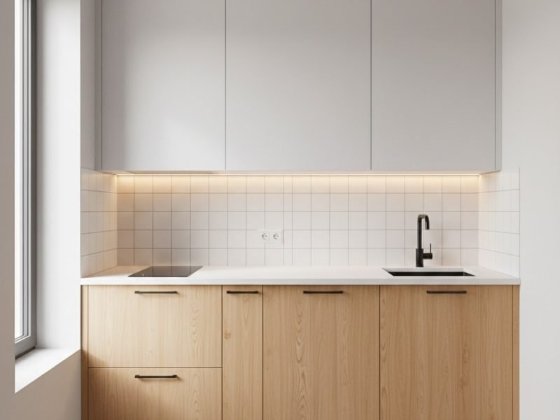 Tampilan dapur kecil dengan kitchen set minimalis satu garis yang rapi dan efisien dengan kombinasi putih dan aksen kayu terang yang terasa bersih serta modern