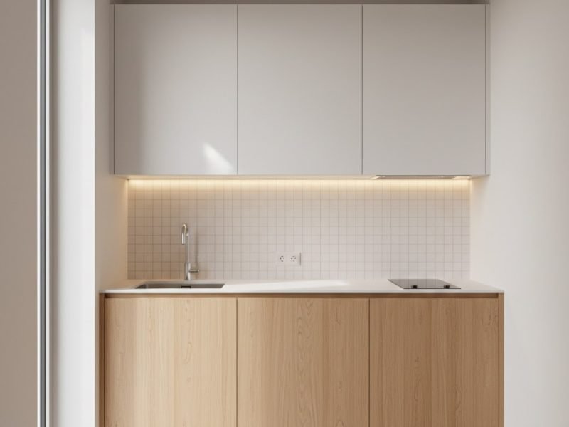 Tampilan dapur kecil dengan lemari gantung sederhana berwarna putih dan kayu terang yang rapi serta fungsional untuk ruang terbatas