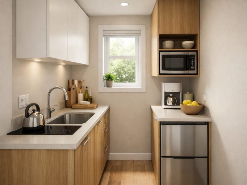 Tampilan dapur kecil dengan warna cat terang yang membuat ruang sempit terasa lebih luas dan rapi