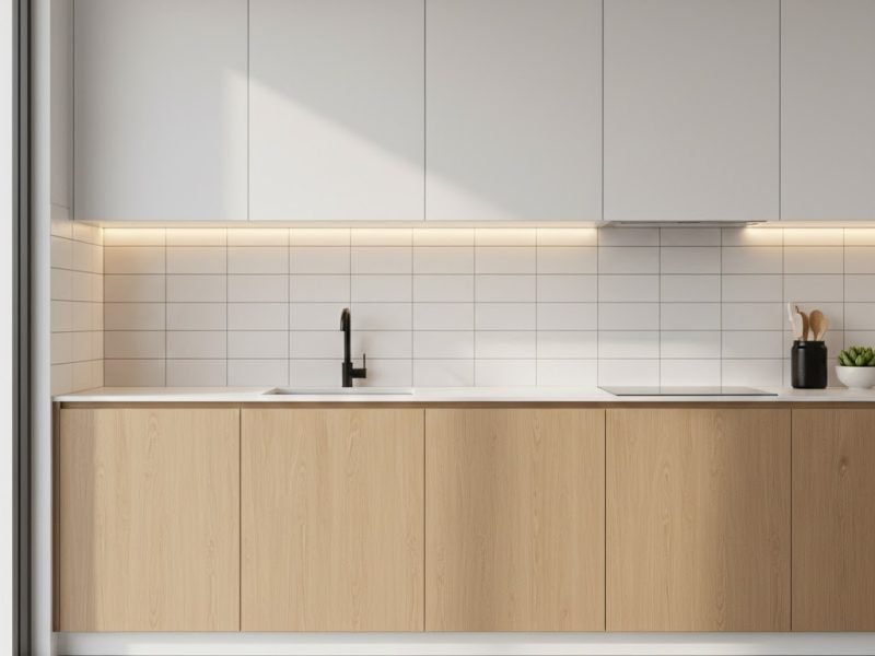 Tampilan dapur minimalis dengan backsplash keramik putih bergaya modern yang bersih dan rapi sebagai fokus utama ruang