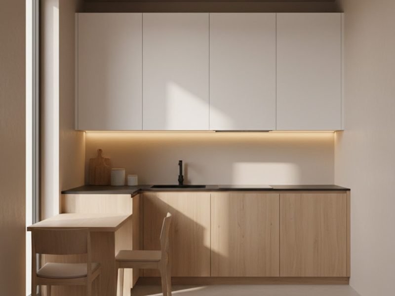 Tampilan dapur minimalis dengan layout L yang proporsional dan pencahayaan hangat sehingga terlihat rapi, bersih, dan nyaman digunakan sehari-hari