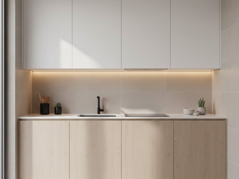 Tampilan dapur minimalis dengan lemari gantung modern kombinasi matte putih dan tekstur kayu yang terlihat rapi, hangat, dan fungsional