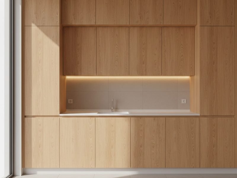 Tampilan dapur minimalis dengan lemari kayu natural dan garis desain bersih yang memberi kesan hangat serta tertata rapi