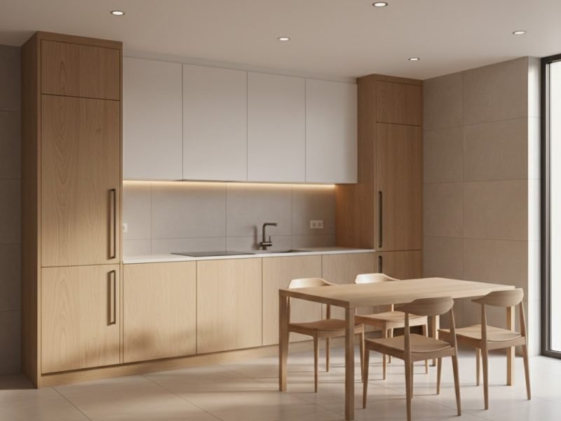 Tampilan dapur minimalis dengan plafon rata bersih dan pencahayaan hangat yang menciptakan suasana terang serta nyaman digunakan setiap hari