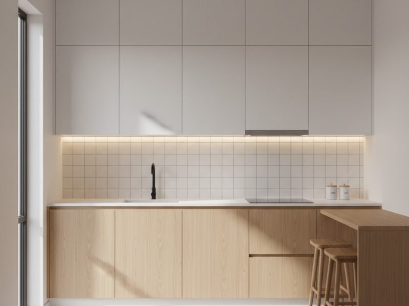 Tampilan dapur minimalis kecil dengan layout L yang rapi, kabinet terang hingga plafon, serta pencahayaan hangat yang membuat ruang terasa lebih lega dan nyaman digunakan