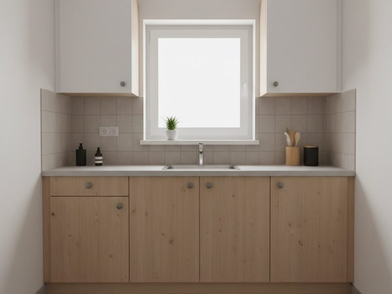 Tampilan dapur minimalis linear pada rumah subsidi dengan kombinasi kabinet putih dan kayu terang yang terasa rapi dan fungsional dalam ruang terbatas