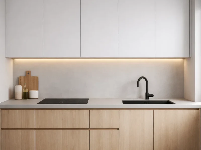 Tampilan dapur minimalis modern dengan kabinet flat panel putih dan aksen kayu terang yang rapi serta pencahayaan hangat yang nyaman