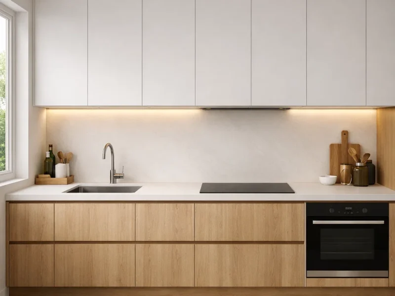 Tampilan dapur minimalis modern dengan kabinet rapi hingga plafon dan pencahayaan hangat yang membuat ruang terasa bersih serta fungsional