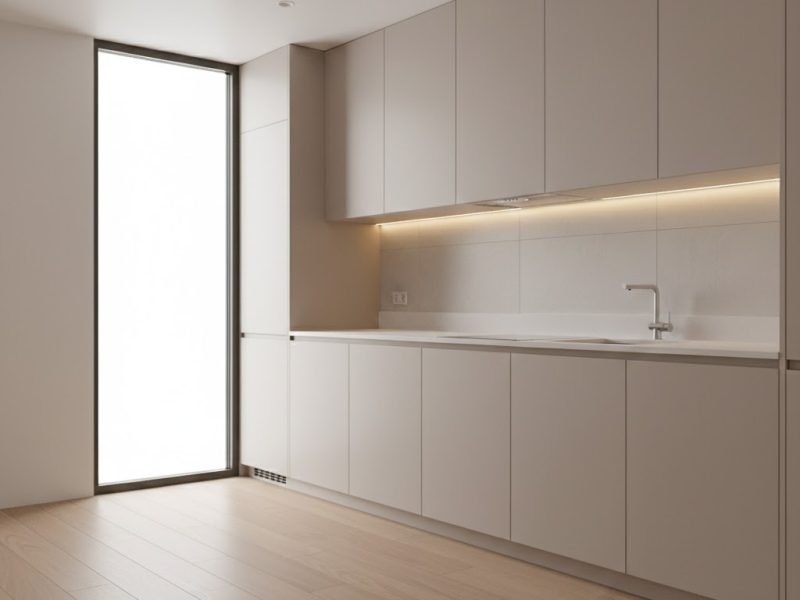 Tampilan dapur minimalis modern dengan kabinet rata berwarna netral dan pencahayaan hangat yang menciptakan suasana bersih serta elegan