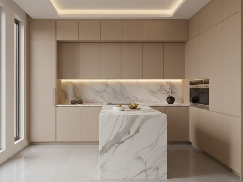 Tampilan dapur minimalis modern dengan kabinet rata tanpa handle, aksen kayu terang, dan pencahayaan hangat yang menciptakan suasana rapi serta elegan