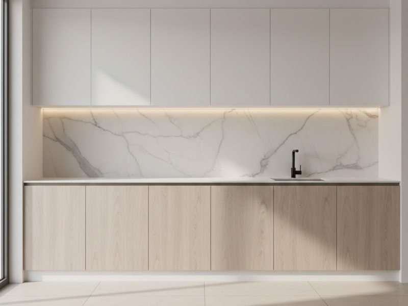 Tampilan dapur minimalis modern dengan kombinasi keramik marmer soft dan lantai large format bernuansa hangat yang terlihat bersih dan elegan