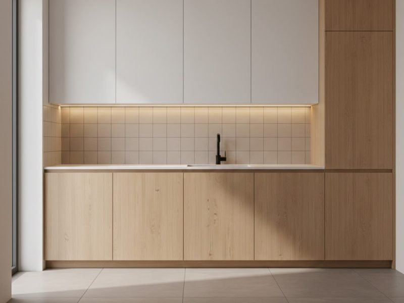 Tampilan dapur minimalis modern dengan kombinasi keramik netral hangat yang memperlihatkan tekstur dan harmoni warna secara elegan