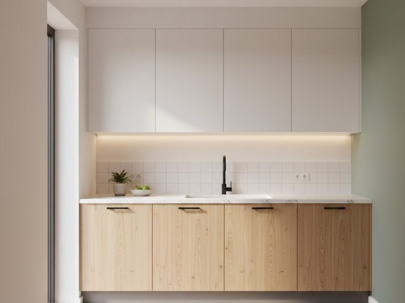 Tampilan dapur minimalis modern dengan kombinasi warm white dan aksen sage green yang terasa terang, bersih, dan hangat