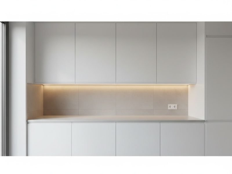 Tampilan dapur minimalis modern dengan lemari gantung aluminium flat panel yang rapi, bersih, dan fungsional dalam komposisi ruang yang compact serta elegan