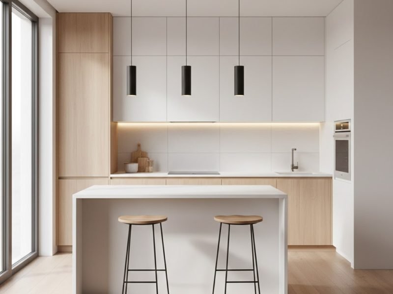Tampilan dapur minimalis modern dengan mini bar island elegan sebagai pusat aktivitas yang menyatu harmonis dengan kitchen set dan pencahayaan hangat