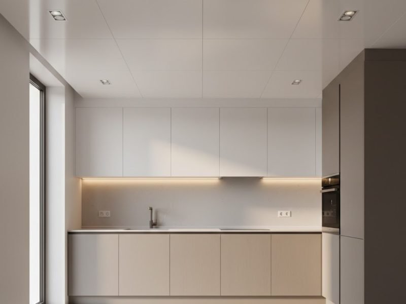 Tampilan dapur minimalis modern dengan plafon PVC putih rapi dan pencahayaan terintegrasi yang menciptakan kesan bersih serta terang.