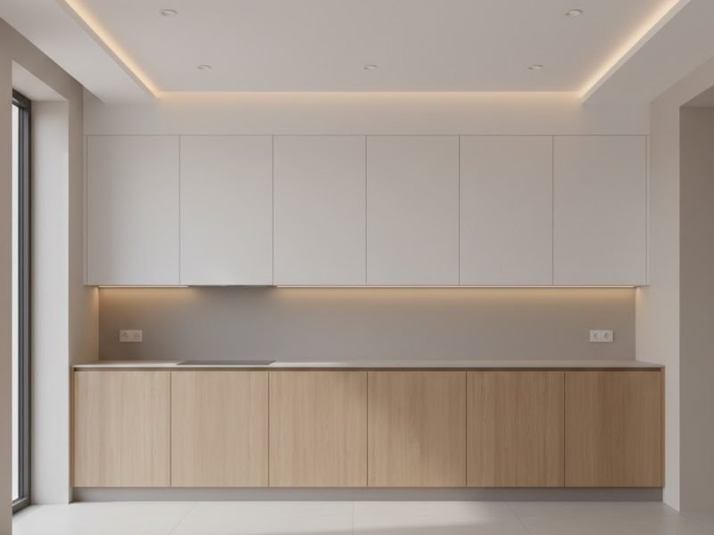 Tampilan dapur minimalis modern dengan plafon bersih dan pencahayaan rapi yang memperkuat kesan terang serta nyaman digunakan sehari-hari