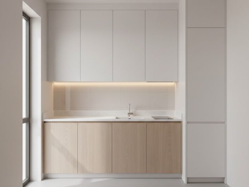 Tampilan dapur minimalis modern ukuran kecil dengan layout L-shape yang rapi, kombinasi kayu terang dan putih matte yang membuat ruang terasa bersih dan lega