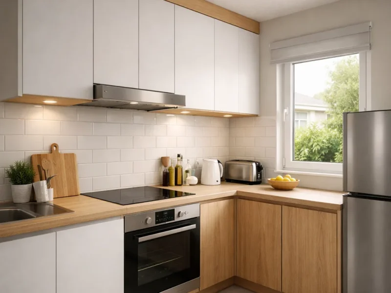 Tampilan dapur minimalis rumah subsidi dengan layout linear yang rapi, warna terang, dan penyimpanan maksimal hingga plafon untuk memberi kesan lebih lega