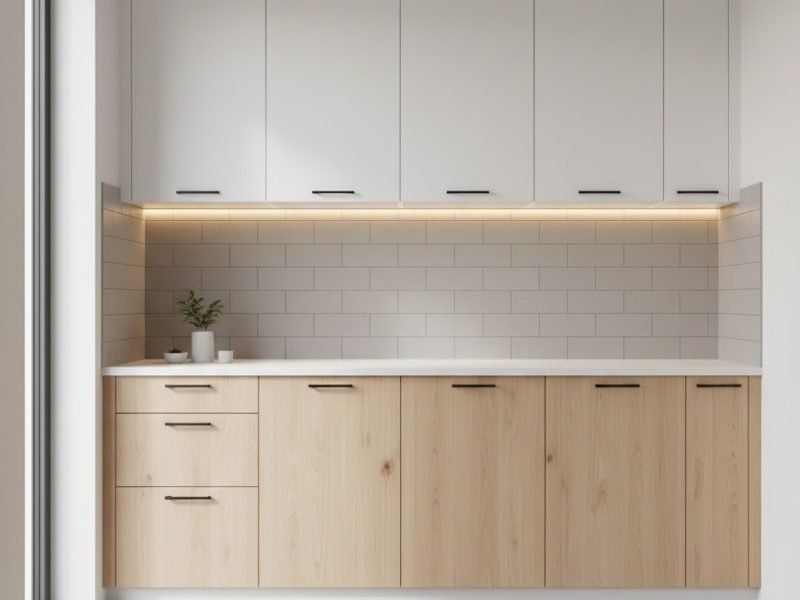 Tampilan dapur minimalis sederhana dengan kombinasi kabinet putih dan kayu terang dalam layout linear yang ringkas dan rapi