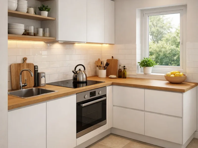 Tampilan dapur minimalis sederhana dengan layout linear dan kombinasi putih serta kayu terang yang terasa bersih dan fungsional