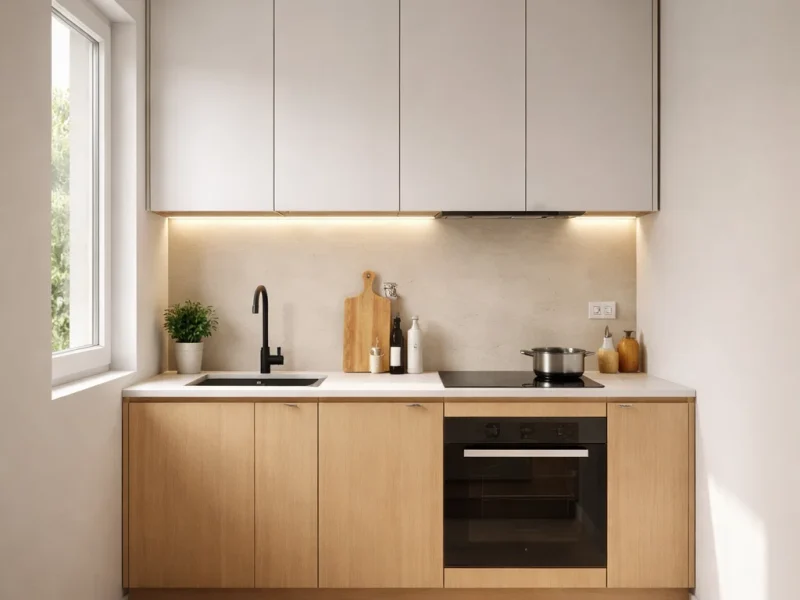 Tampilan dapur minimalis ukuran 2x2 dengan layout rapi dan kombinasi warna terang yang membuat ruang kecil terasa lebih lapang dan nyaman digunakan