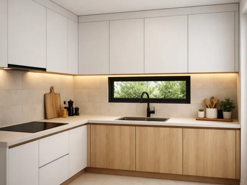 Tampilan dapur minimalis ukuran 3x2 meter dengan layout rapi, warna terang, dan pencahayaan hangat yang membuat ruang kecil terasa lebih lega dan nyaman digunakan