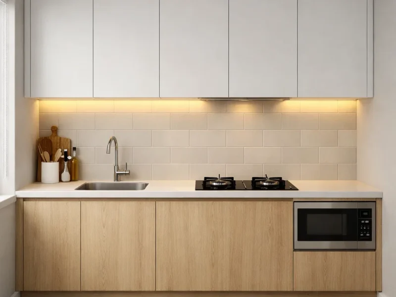 Tampilan dapur minimalis ukuran 3x2 meter dengan tata letak single line yang rapi, warna terang, dan pencahayaan hangat yang membuat ruang kecil terasa lebih luas dan nyaman digunakan