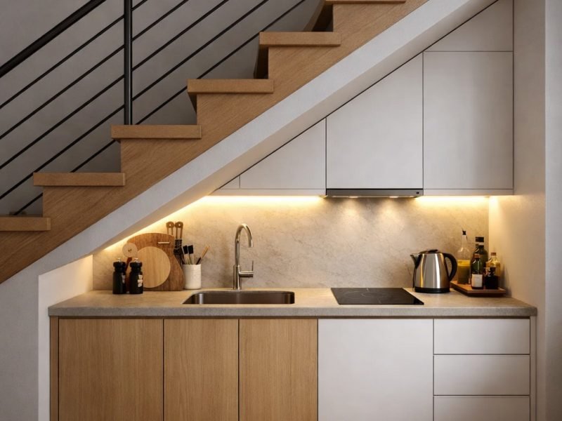 Tampilan dapur minimalis yang memanfaatkan ruang bawah tangga dengan kabinet rapi dan pencahayaan hangat sehingga area kecil tetap terlihat nyaman dan fungsional
