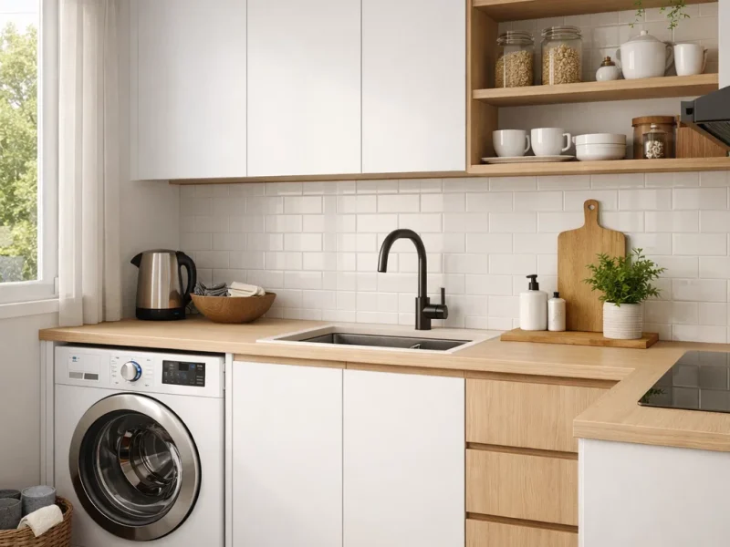 Tampilan dapur minimalis yang menyatu dengan area laundry secara rapi dan efisien dalam satu ruang kompak yang terang dan fungsional
