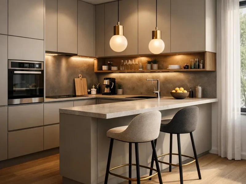 Tampilan dapur modern dengan mini bar menyatu pada kitchen set, menghadirkan suasana hangat dan fungsional sebagai pusat aktivitas rumah