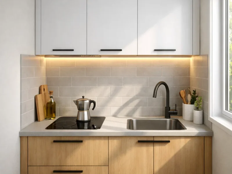 Tampilan dapur mungil 1x2 meter dengan layout linear rapi dan kombinasi warna terang yang membuat ruang kecil terasa lebih lega dan terorganisir