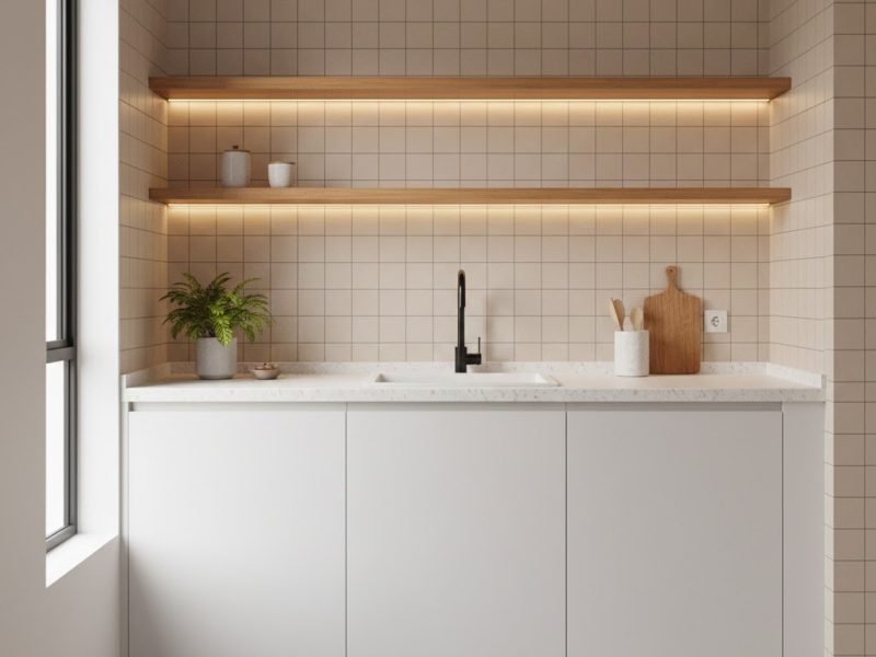 Tampilan dapur sederhana dengan kombinasi kabinet putih dan rak kayu hangat yang menciptakan suasana bersih namun tetap unik dan berkarakter