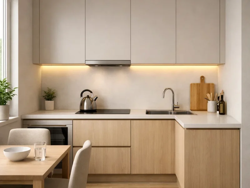 Tampilan dapur sederhana dengan layout L yang rapi, warna netral hangat, dan pencahayaan natural yang membuat ruang terasa bersih dan nyaman