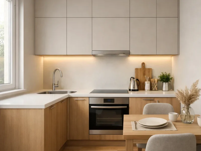 Tampilan dapur sederhana dengan layout L yang rapi, warna netral hangat, dan pencahayaan natural yang membuat ruang terasa bersih dan nyaman