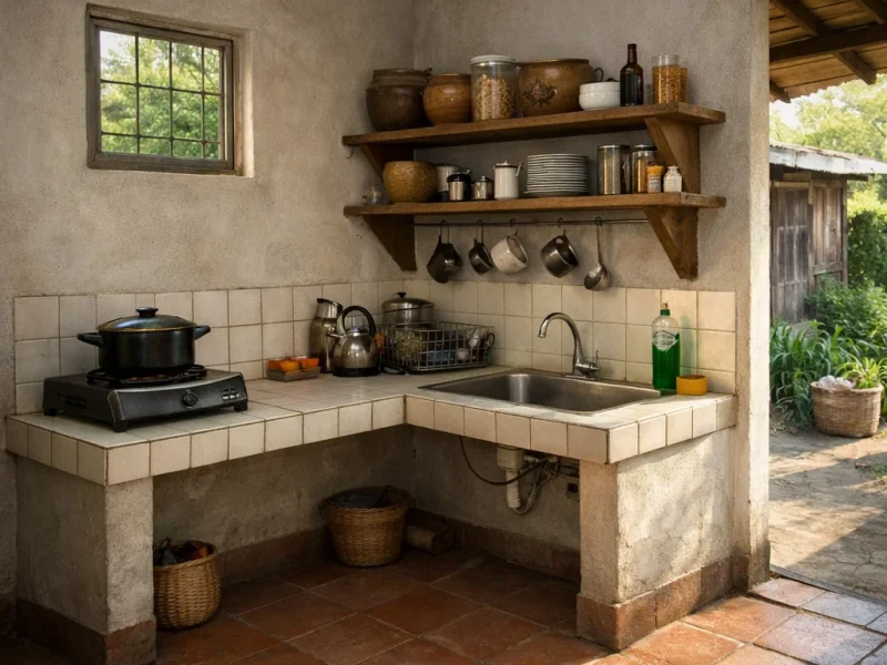 Tampilan dapur sederhana rumah kampung dengan meja keramik, rak kayu terbuka, dan pencahayaan alami yang memberi kesan hangat dan fungsional