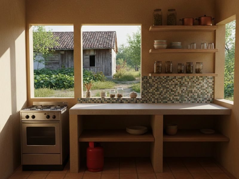 Tampilan dapur sederhana semi terbuka di rumah kampung dengan meja cor, rak kayu terbuka, dan pencahayaan alami yang hangat serta nyaman digunakan sehari-hari