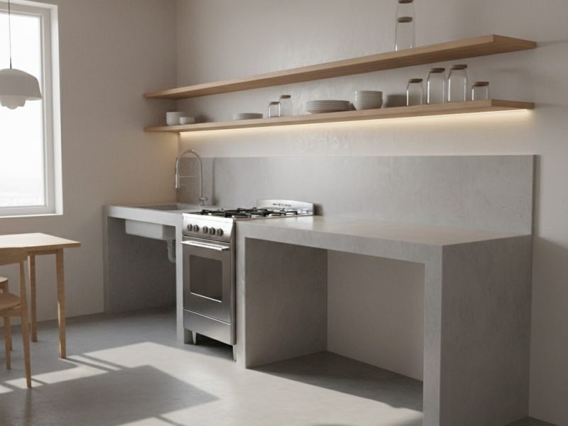 Tampilan dapur sederhana tanpa kitchen set dengan meja beton dan rak terbuka yang tetap terlihat rapi dan fungsional