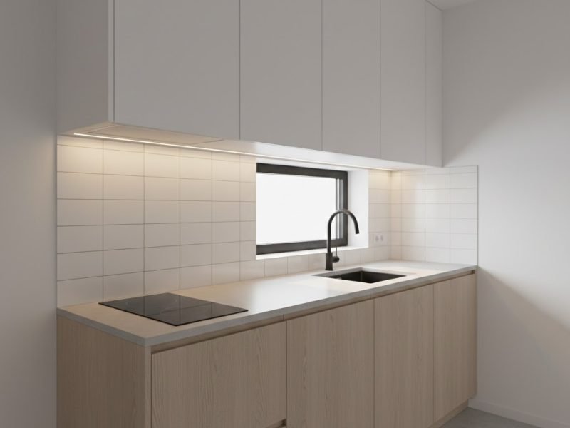 Tampilan dapur sempit dengan layout linear yang rapi dan terang, memaksimalkan satu sisi dinding agar ruang tetap terasa lega dan fungsional