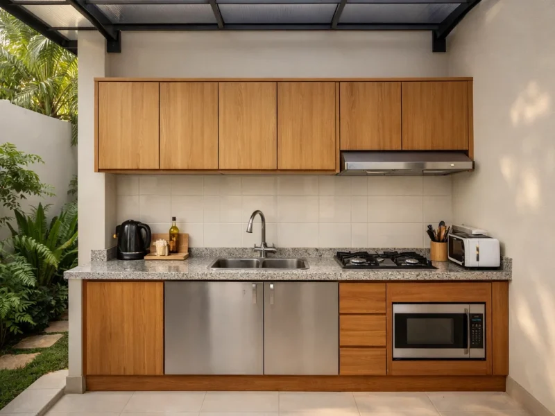 Tampilan dapur terbuka sederhana di belakang rumah dengan kitchen set linear, kanopi transparan, dan suasana terang yang menyatu dengan taman kecil belakang rumah