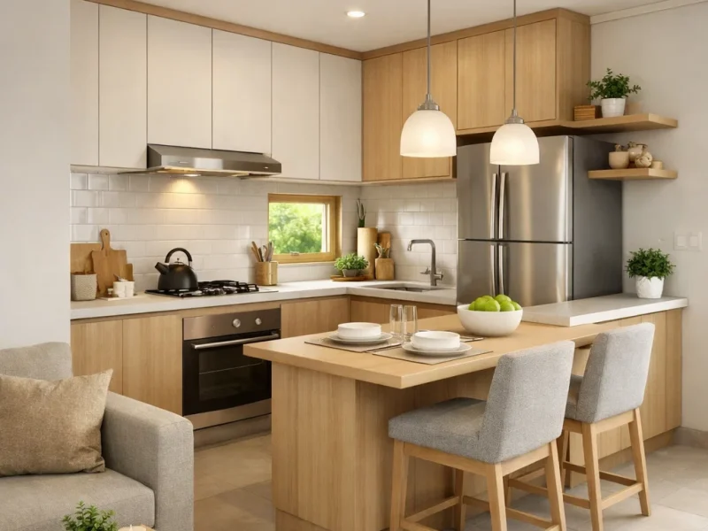 Tampilan dapur terbuka tipe 36 yang menyatu dengan ruang keluarga dengan komposisi bersih dan proporsional serta pencahayaan hangat yang membuat ruang terasa lebih luas