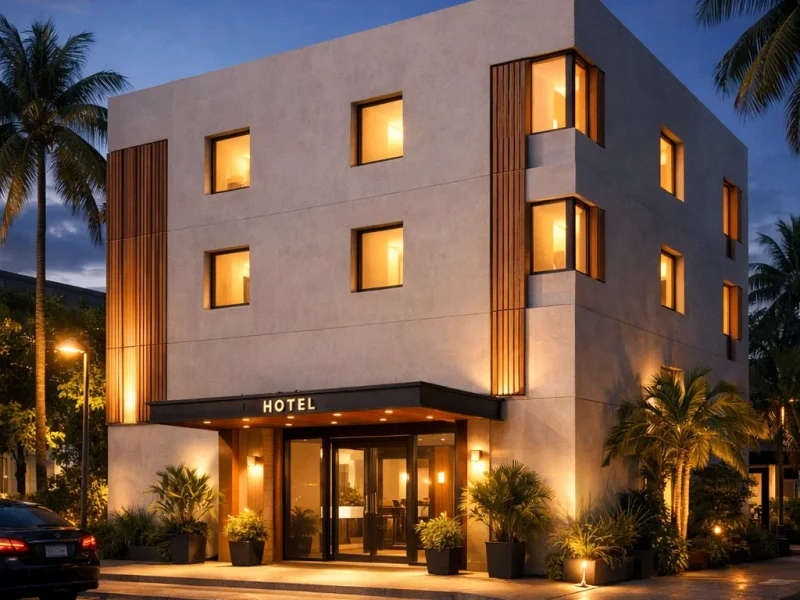 Tampilan fasad hotel butik modern dengan komposisi minimalis yang hangat dan proporsional sesuai konsep kamar hotel compact 3x3