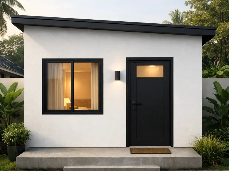 Tampilan fasad kamar kost minimalis sederhana dengan komposisi bersih dan pencahayaan hangat yang mencerminkan ruang 3x3 yang nyaman di dalamnya