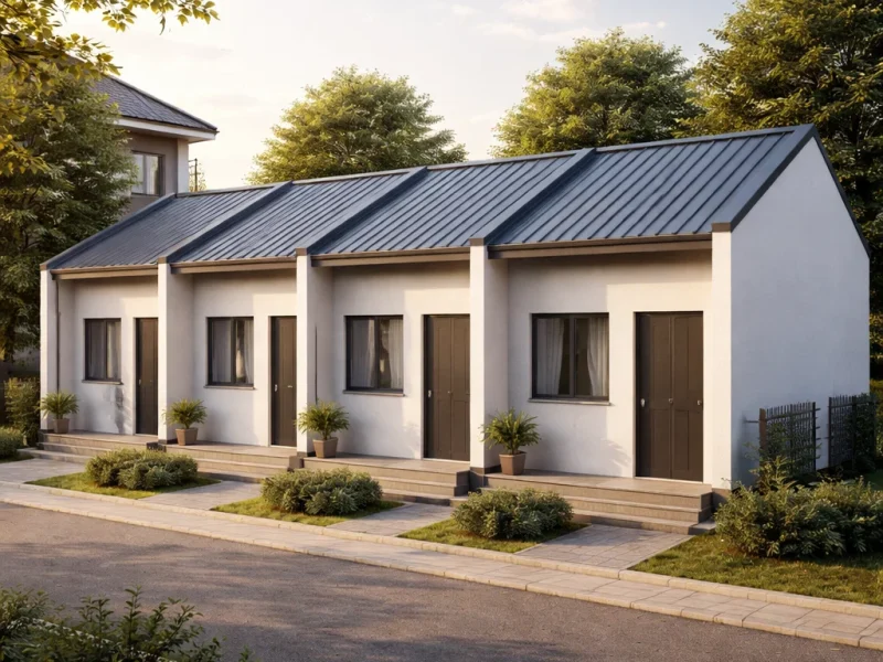 Tampilan fasad kontrakan 3x6 sederhana dengan bentuk kotak bersih dan atap miring yang efisien untuk unit sewa berukuran 18 meter persegi