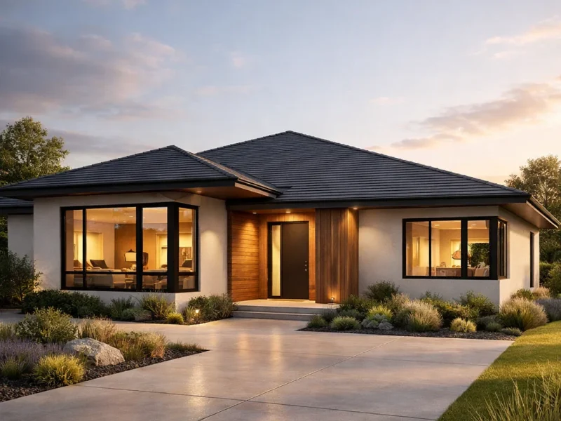 Tampilan fasad rumah 1 lantai modern dengan komposisi proporsional dan pencahayaan hangat yang memberi kesan elegan dan nyaman