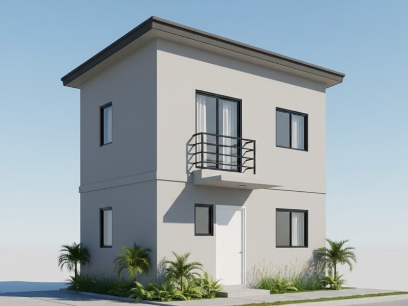 Tampilan fasad rumah 2 lantai sederhana dengan bentuk kotak minimalis yang efisien dan proporsional untuk budget terbatas