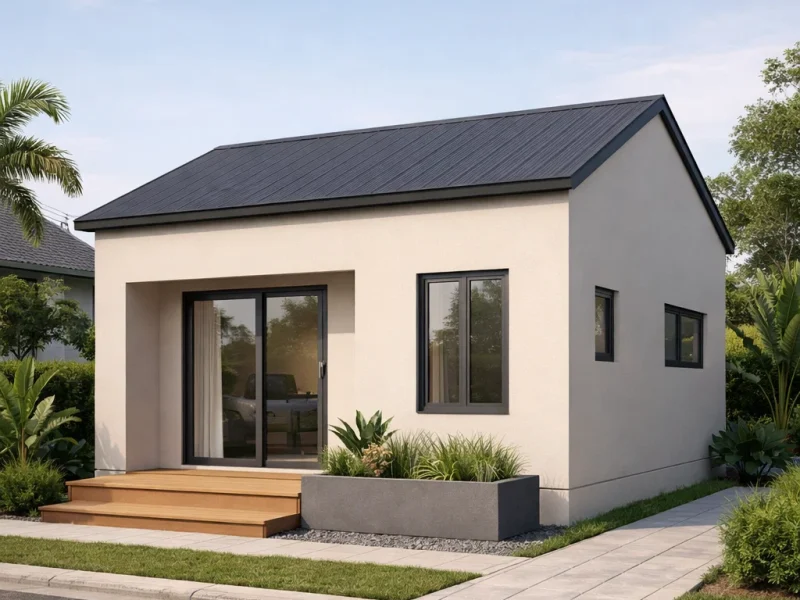 Tampilan fasad rumah 5x10 tanpa garasi dengan komposisi minimalis rapi dan teras depan sederhana yang tetap terasa proporsional dan nyaman