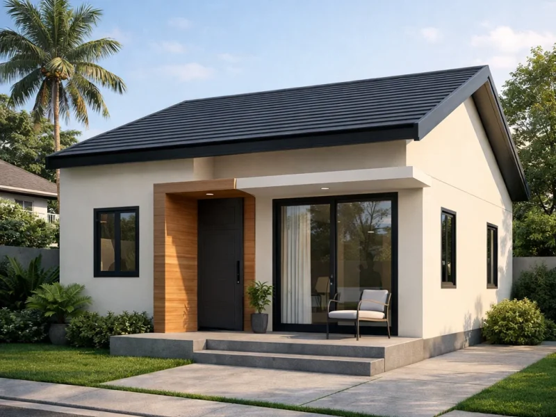 Tampilan fasad rumah 6x10 dua kamar dengan komposisi proporsional dan desain minimalis modern yang rapi serta efisien dari sudut pandang estetik