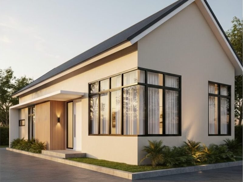 Tampilan fasad rumah 6x10 memanjang dengan komposisi horizontal yang rapi dan elegan dari sudut pandang perspektif estetik